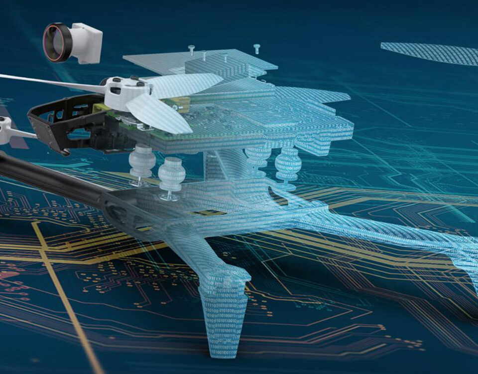 An image of a drone model in SOLIDWORKS