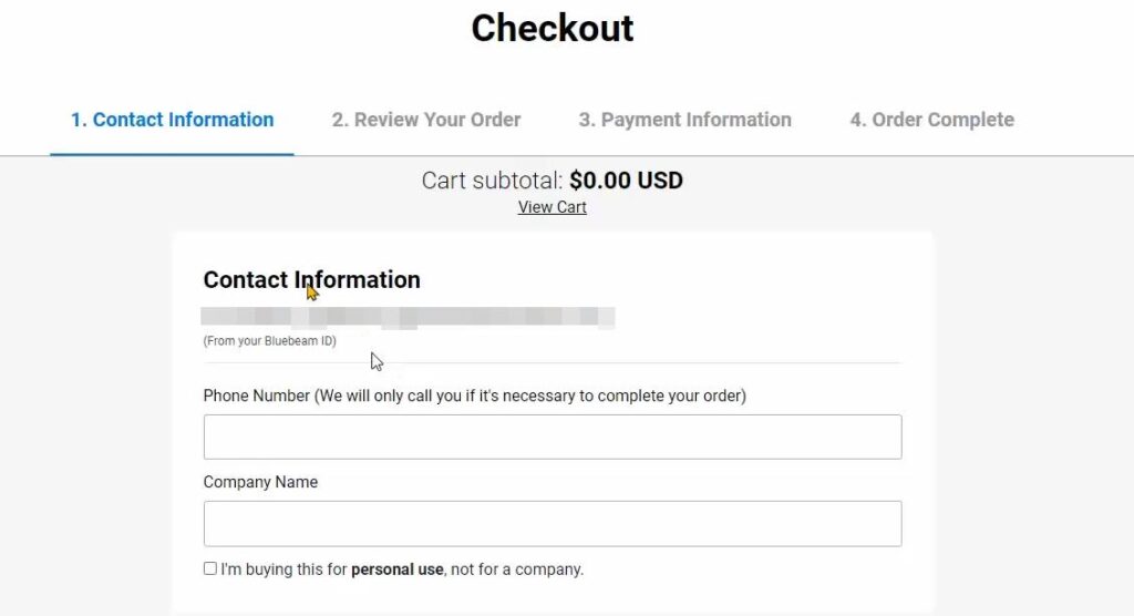 Bluebeam Revu checkout screen