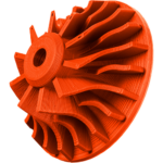 An impeller printed in orange Precise PLA material from Markforged.